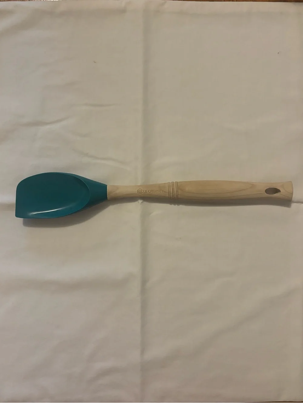 Le Creuset Teal Silicone Left Handed Wooden Handle Spatula